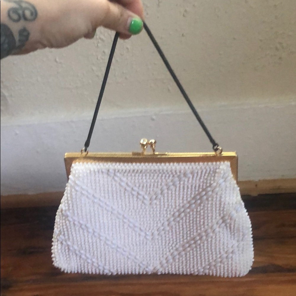 VINTAGE white beaded clutch bag with gold hardware